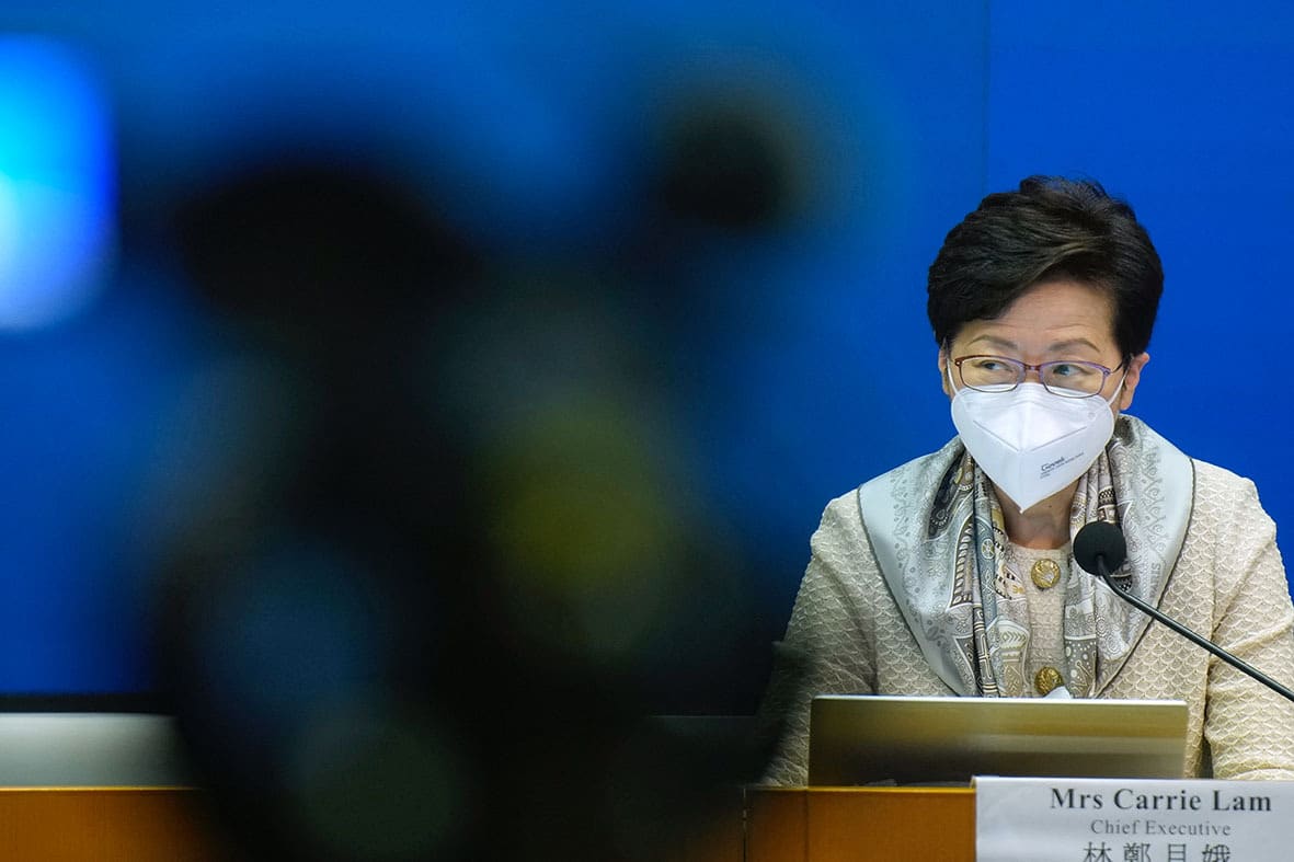 Hong Kong's chief executive Carrie Lam takes part in a press conference in Hong Kong on March 21, 2022. 