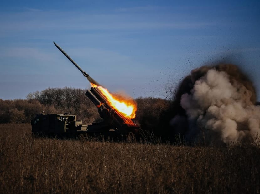 A self-propelled 220 mm multiple rocket launcher "Bureviy" fires towards Russian positions on the front line, eastern Ukraine on Nov 29, 2022. A self-propelled 220 mm multiple rocket launcher "Bureviy" fires towards Russian positions on the front line, eastern Ukraine on Nov 29, 2022.