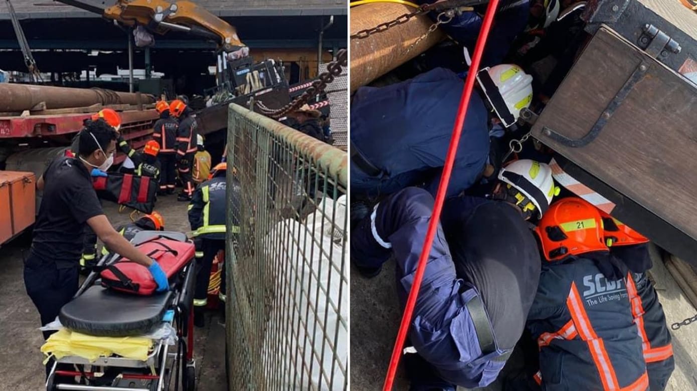 卡车起重机侧翻 车上巨管滚下 49岁工人被压身亡