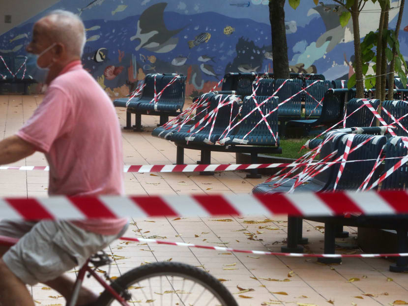 Communal benches at Toa Payoh were cordoned off with tape on April 23, 2020 as part of the measures during the circuit breaker period.