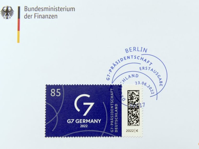 FILE PHOTO: A special G7 postage stamp, to mark Germany's current presidency, is seen during a presentation at the Chancellery in Berlin, Germany June 15, 2022. REUTERS/Annegret Hilse FILE PHOTO: A special G7 postage stamp, to mark Germany's current presidency, is seen during a presentation at the Chancellery in Berlin, Germany June 15, 2022. REUTERS/Annegret Hilse