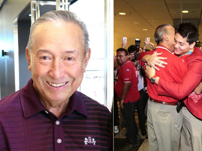 Colin Schooling (left) was instrumental in shaping his son Joseph's swimming success. Father and son hugging after the swimmer's Olympic win in 2016 (right).