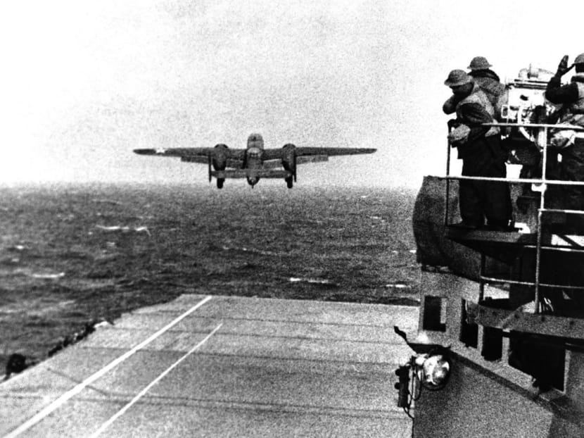 A B-25 Mitchell bomber takes off from the deck of the USS Hornet on April 18, 1942. AP file photo.