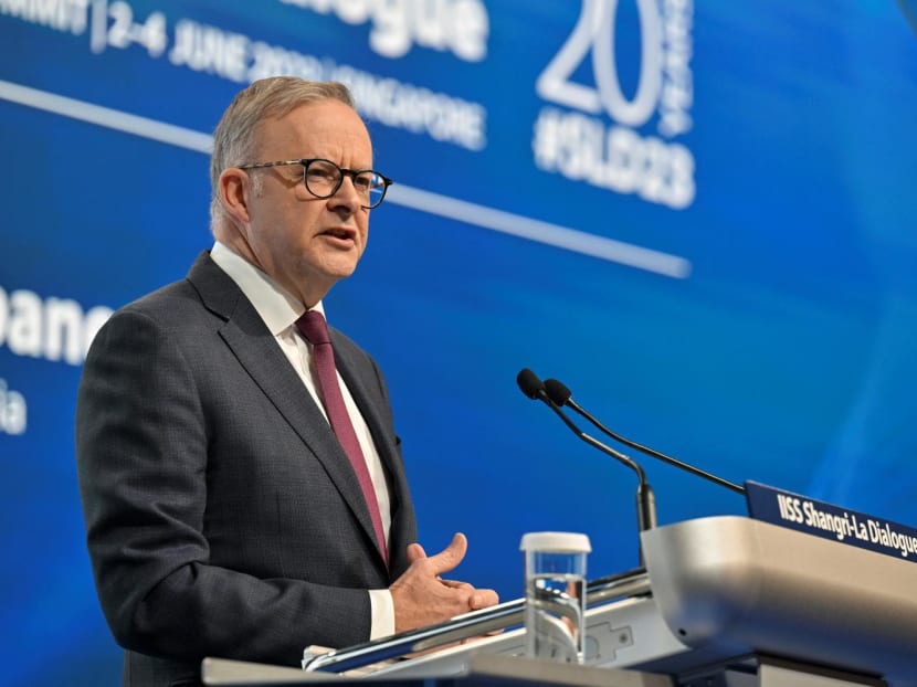 Australia's Prime Minister Anthony Albanese giving the keynote address for the 20th IISS Shangri-La Dialogue in Singapore, on June 2, 2023.
