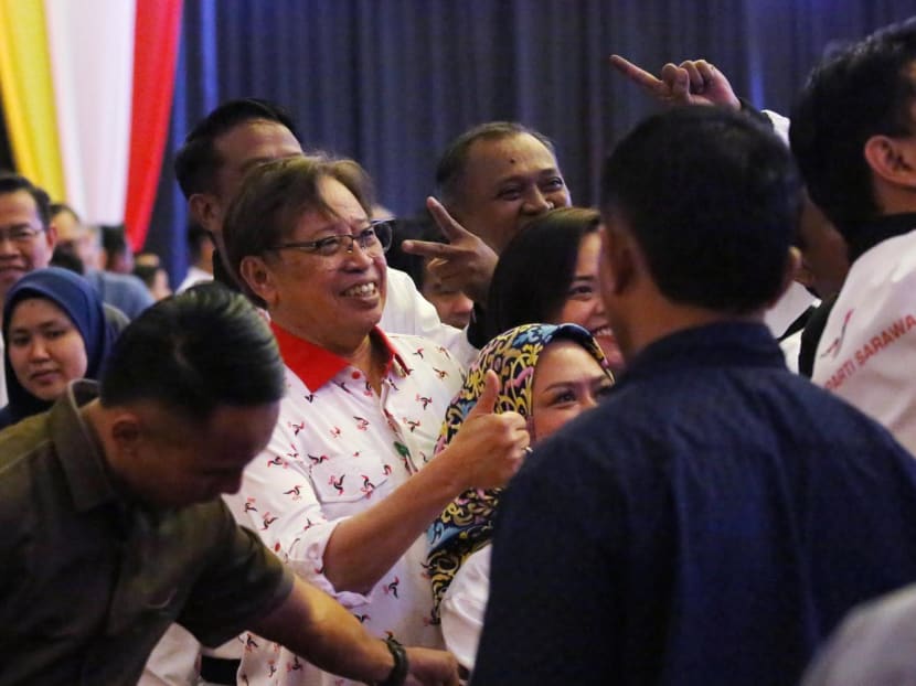 GPS Chairman and Sarawak Premier Abang Johari Openg (left) posing for a photo with party members at the Borneo Convention Centre Kuching, Nov 19, 2022. Photo: Raj Nadarajan/TODAY