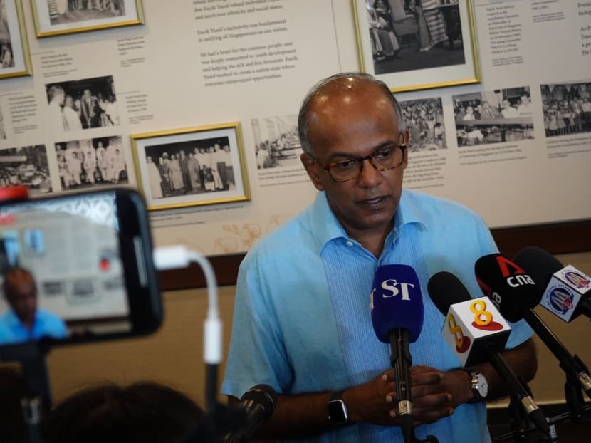 Minister for Home Affairs K Shanmugam speaks to the media after a closed door meeting with Christian and Muslim leaders at the Yusof Ishak Mosque in Woodlands on Jan 28, 2021.