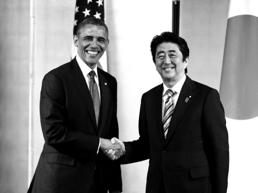 Mr Obama and 
Mr Abe are focused on creating a durable structure of peace for Asia, and 
Mr Abe has been eager for Japan to play a more active role in this regard and in supporting its allies. That stance is making the US-Japan alliance much more a partnership of equals than it has been for the past six decades. Photo: AP