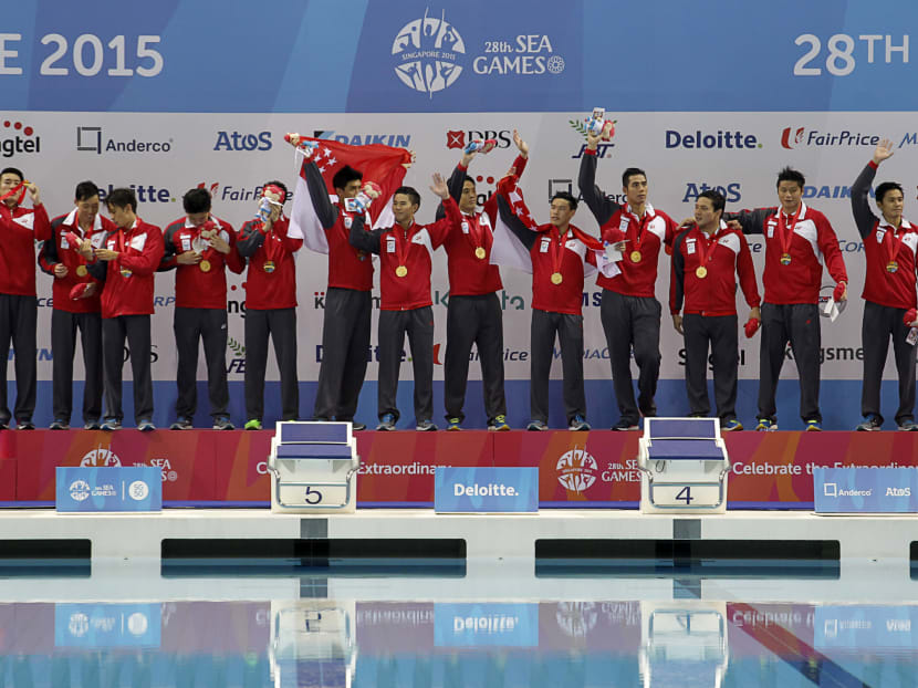 The Singapore team celebrates winning the gold medal for Water Polo Men's Round Robin on June 16, 2015. Photo: SEA Games Organising Committee/Action Images via Reuters