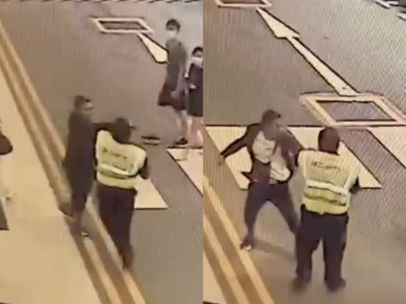 In a closed-circuit television footage shared by Security Association Singapore, a man who appears not to have a mask on is shown hitting security guard Sures Perimal.
