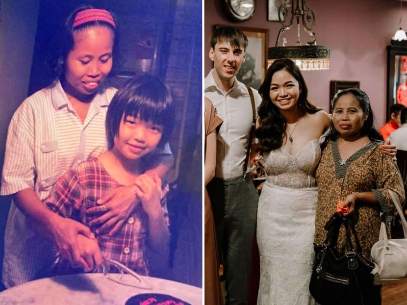 Ms Angeline Low-Hamling and Siti Halimah in a photo (left) 20 years ago which Ms Low-Hamling used to identify Ms Siti in her call for help to search for her childhood nanny. Ms Siti and Ms Low-Hamling with her husband (right), at her wedding in Malaysia in February 2023. 
