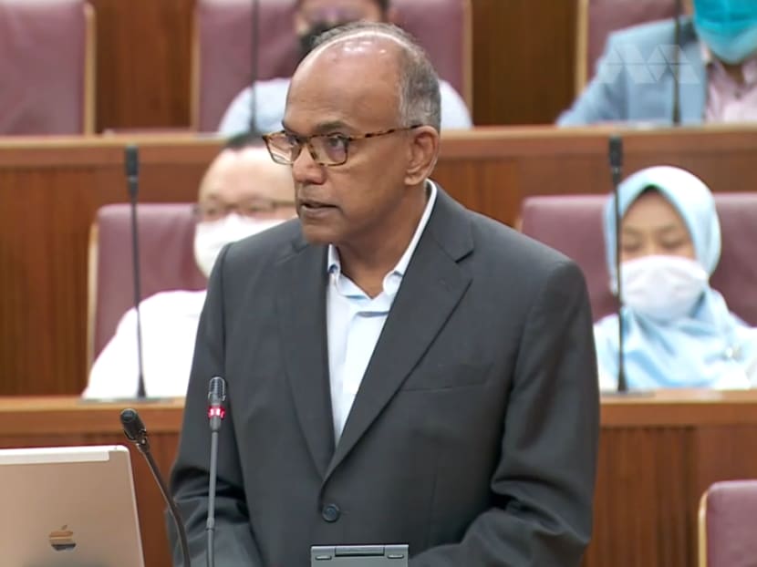Law and Home Affairs Minister K Shanmugam speaking in Parliament on May 9, 2022.