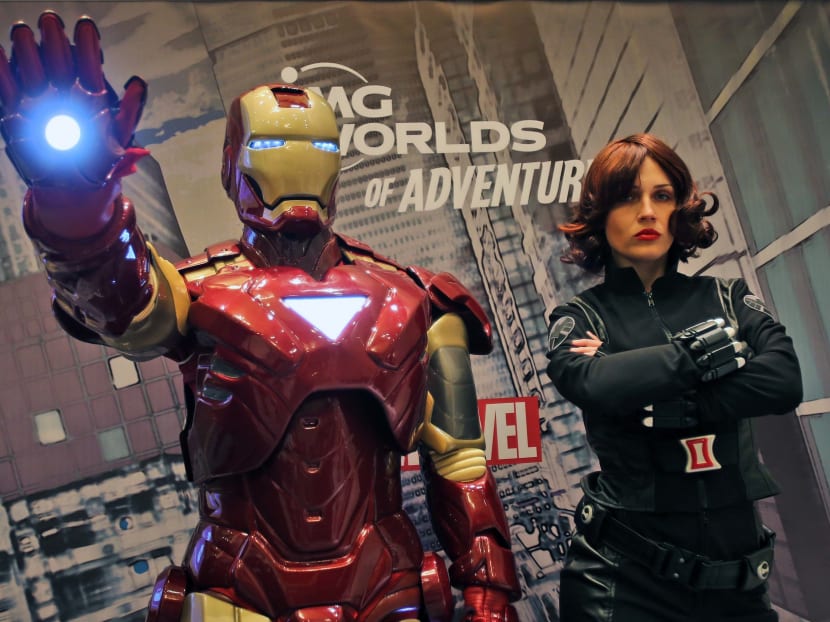 Marvel heroes, Iron Man and Black Widow pose at the IMG Worlds of Adventure press conference in Dubai, United Arab Emirates, Sunday, April 24, 2016. Photo: AP
