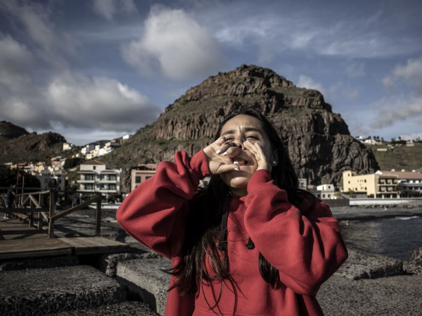 Arantxa Cifuentes Gutiérrez, 15, demonstrates how to use the whistling language known as Silbo Gomero in La Gomera, Spain on Jan 22, 2021. The language is still in use on the island thanks to mandatory classes for schoolchildren. Arantxa Cifuentes Gutiérrez, 15, demonstrates how to use the whistling language known as Silbo Gomero in La Gomera, Spain on Jan 22, 2021. The language is still in use on the island thanks to mandatory classes for schoolchildren.