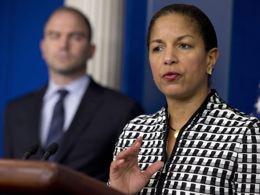 National Security Adviser Susan Rice, right, accompanied by Ben Rhodes, deputy National Security Adviser for Strategic Communications and Speechwriting, speaks about President Barack Obama's upcoming trip to Asia, Friday April 18, 2014 , at the White House briefing room in Washington.  Photo: AP