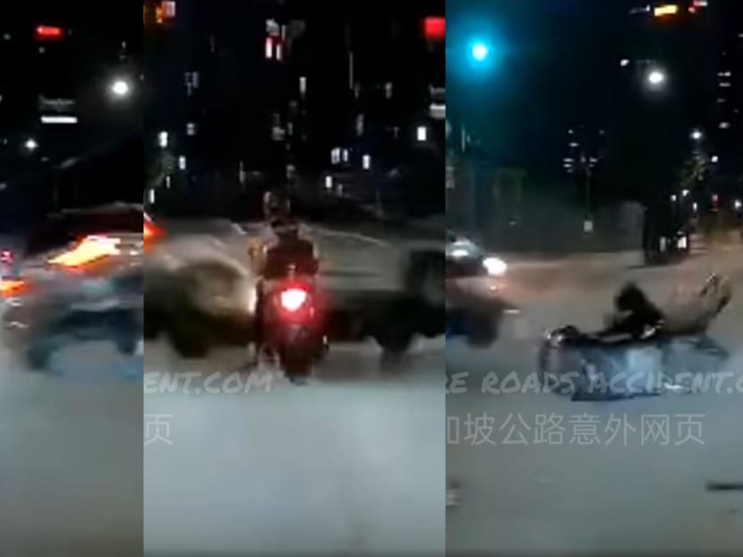 Screenshots from a video showing a collision at the junction of Nicoll Highway and Raffles Boulevard.
