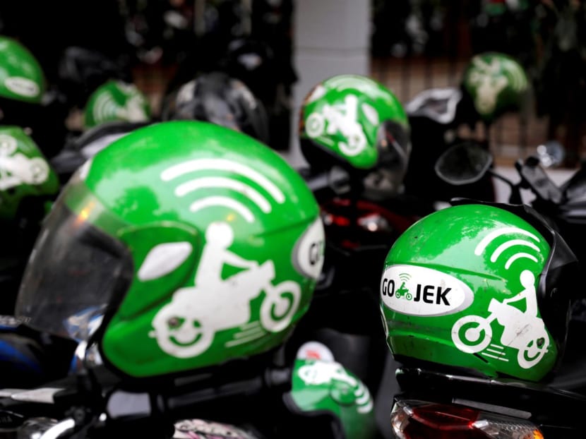 Gojek driver helmets are seen during Go-Food festival in Jakarta, Indonesia on Oct 27, 2018. 
