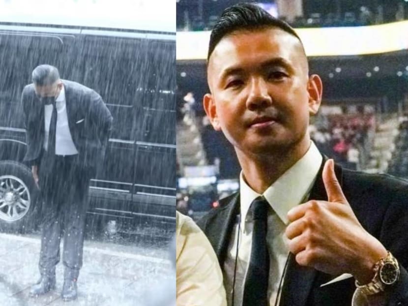 Blackie Chen Bows To Media While Standing In Pouring Rain Blackie Chen Bows To Media While Standing In Pouring Rain