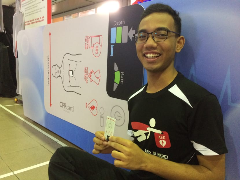 Junior college student Muhammad Luqman Abdul Rahman, 17, has responded to potential cardiac arrest situations about 20 times, and used the CPRcard in a real-life situation twice. The CPRcard gauges the quality of chest compressions. Photo by Neo Chai Chin
