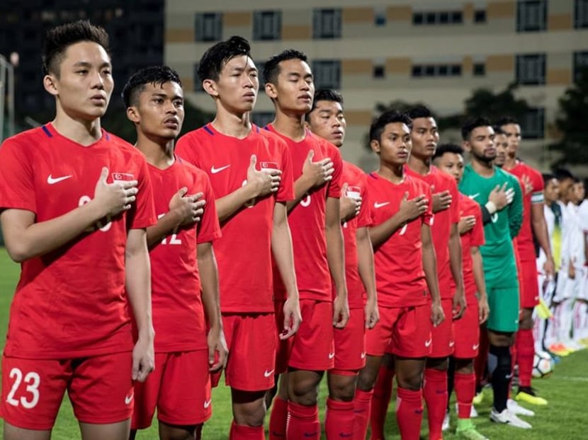 Singapore's U-23 team lining up to play against Myanmar in June at Bishan Stadium. Singapore lost 2-0.