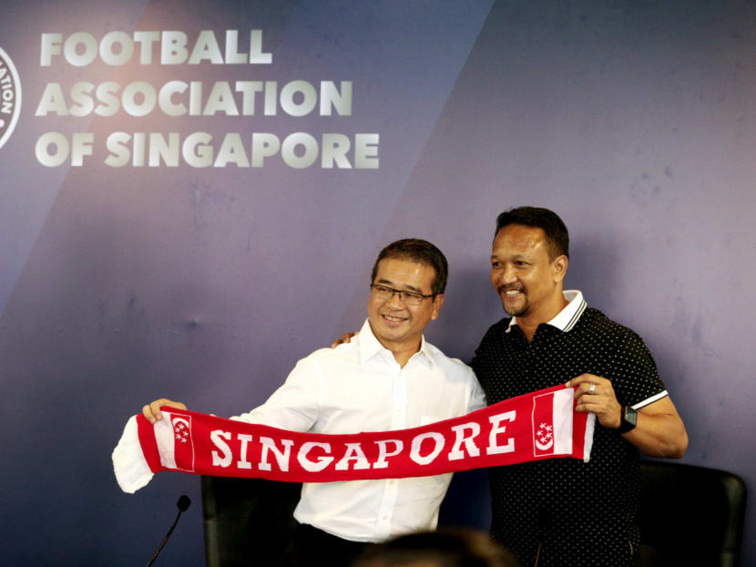 Fandi Ahmad and Football Association of Singapore vice-president Edwin Tong after a press conference on Oct 4. The writer hopes Fandi’s appointment can give impetus to the youth development scene. TODAY file photo