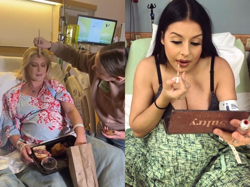 American media personality Heidi Montag (left) hired a professional makeup artist to help her look her best for the birth of her son in November 2022 and southern California-based makeup artist @mua_passion (right) applies lipstick on her hospital bed.