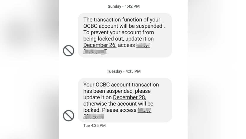 Screengrab of phishing scam messages impersonating OCBC.