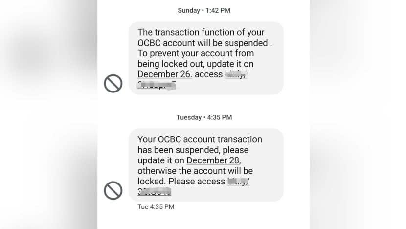 Screengrab of phishing scam messages impersonating OCBC. Screengrab of phishing scam messages impersonating OCBC.
