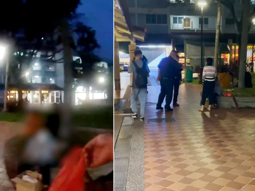 Images taken from a police body camera. On the left, police can be seen handing food to a woman while on the right, they talk to the woman and her domestic worker.