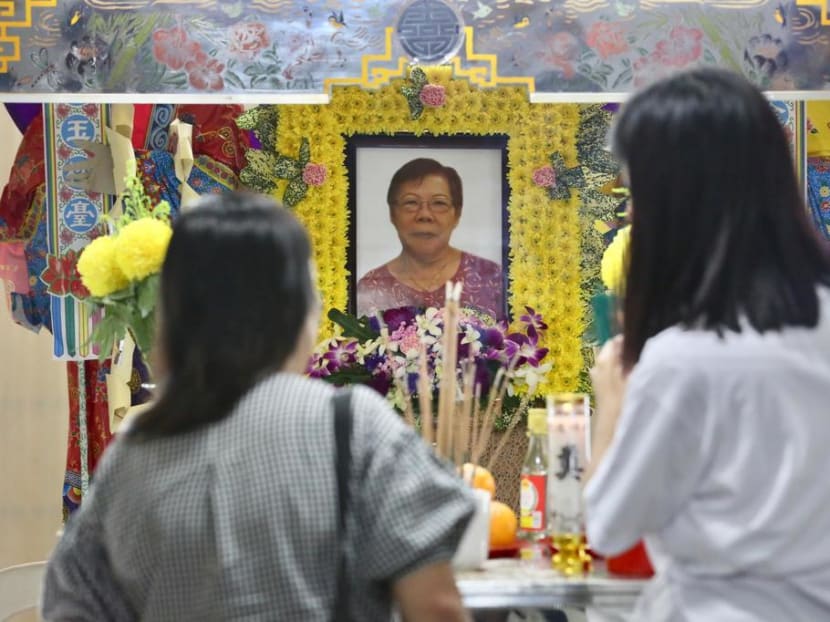 Mourners at the wake of Ong Bee Eng, 65, held at Block 50, Chai Chee Street. She died on Sept 25, 2019, four days after she was severely injured during a collision with an e-scooter rider. Mourners at the wake of Ong Bee Eng, 65, held at Block 50, Chai Chee Street. She died on Sept 25, 2019, four days after she was severely injured during a collision with an e-scooter rider.
