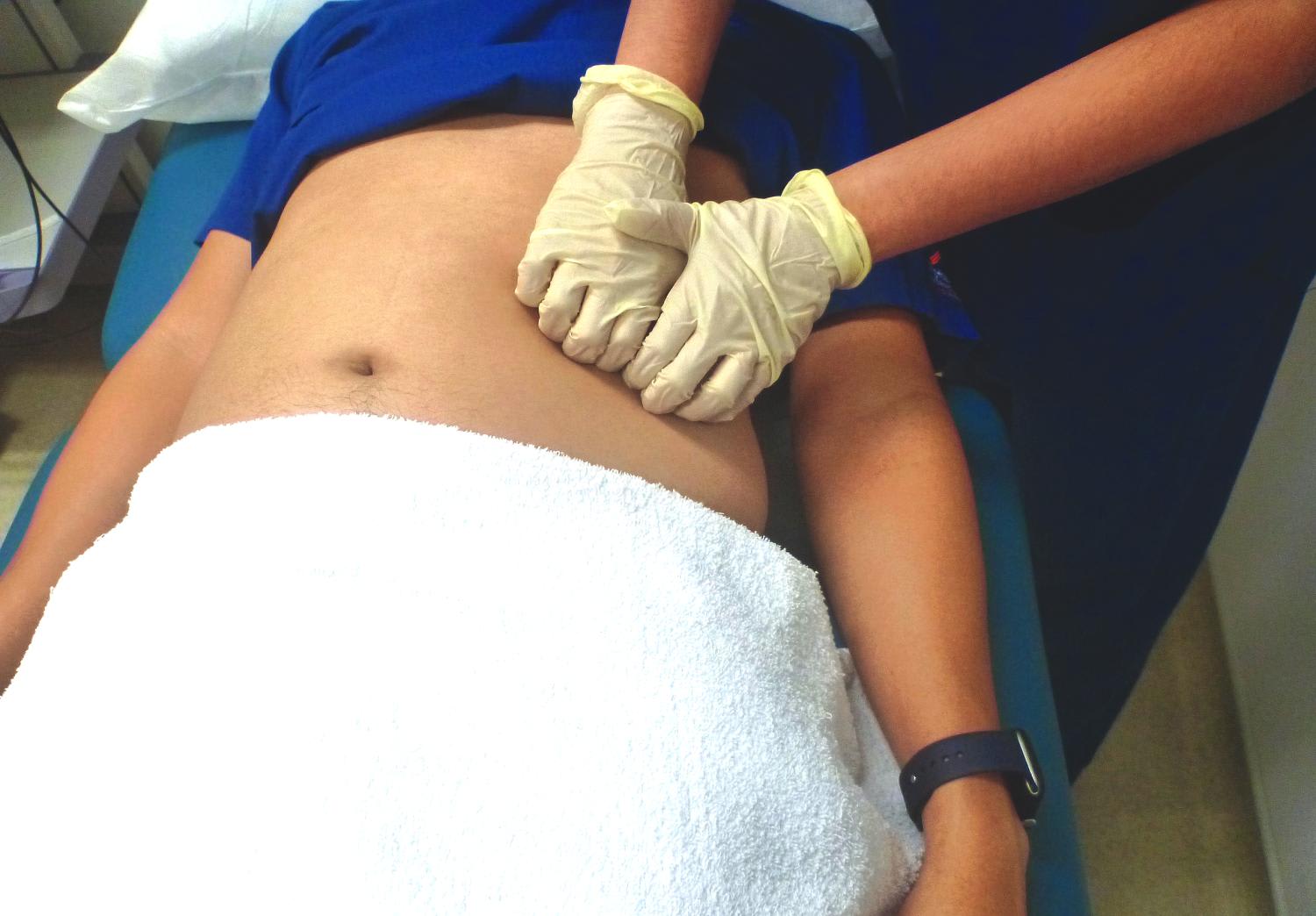 A “Hook Manoeuvre” test being done on a patient to assess if he has slipping rib syndrome, a form of chest-wall disease. It is the only test that can provide an accurate diagnosis of the condition.
A “Hook Manoeuvre” test being done on a patient to assess if he has slipping rib syndrome, a form of chest-wall disease. It is the only test that can provide an accurate diagnosis of the condition.