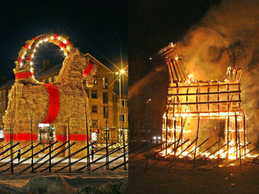 The Gävle Goat before and after it was set on fire in 2004. Photo: AFP