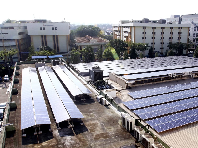 Solar panels seen on top of an industrial building at Ang Mo Kio Industrial Park. TODAY file photo