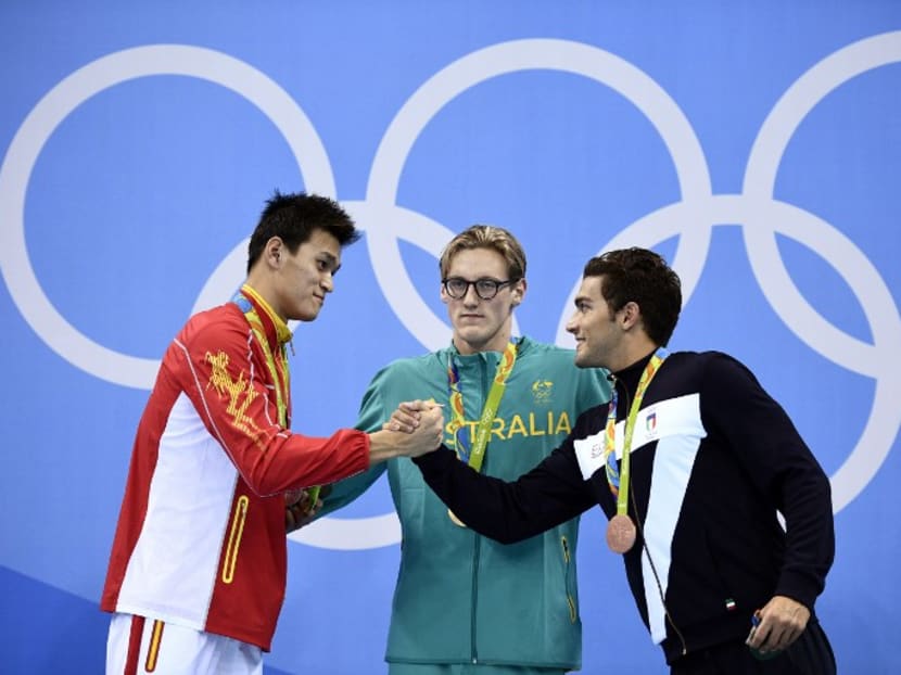 Australia's Mack Horton (C) on the podium with silver medallist China's Sun Yang (L) and bronze medallist Italy's Grabriele Detti at the Rio 2016 Olympic Games on Aug 6, 2016. Photo: AFP