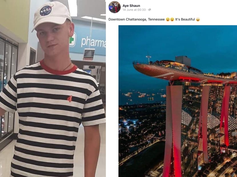 Mr Shaun Fontenot (left), 19, who goes by the Facebook name "Aye Shaun", and his Facebook post of Marina Bay Sands.