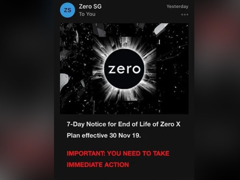 Zero Mobile, which leases network capacity from Singtel, sent an email in October 2019 to inform Singapore customers that it will be discontinuing its Zero Xs and the more expensive Zero X plans.