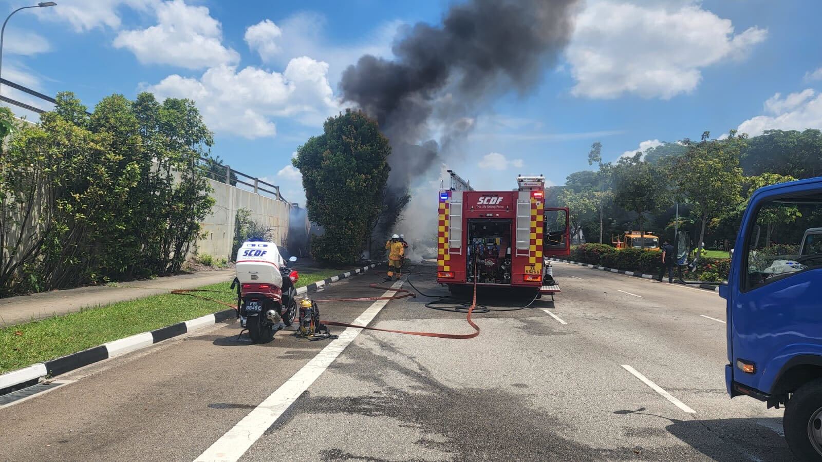 SCDF had been alerted to the burning truck at around 11.50am and had extinguished the fire using a water jet. SCDF had been alerted to the burning truck at around 11.50am and had extinguished the fire using a water jet.