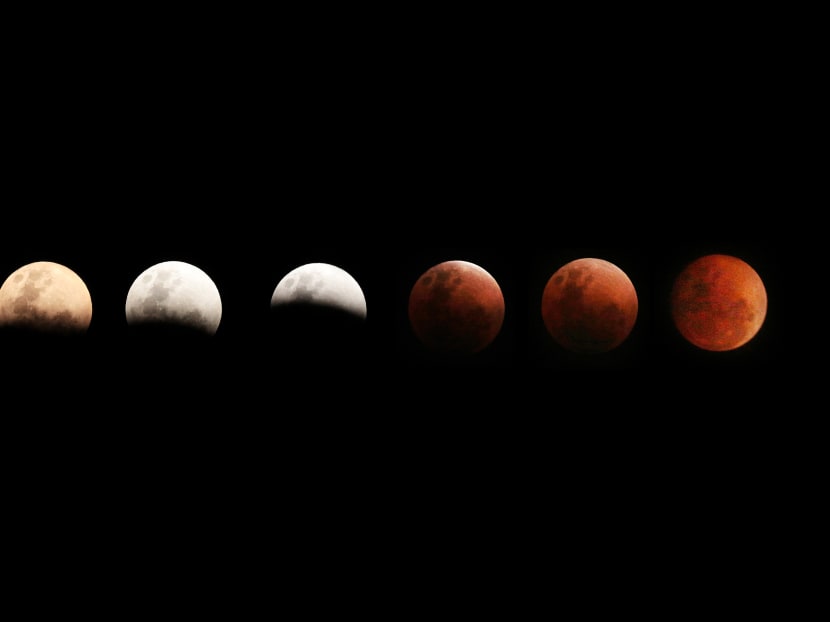 A composite of six images of the 'super blue blood moon' seen over Singapore over a span of two hours from 7:30pm to 9:30pm on Wed, Jan 31, 2018. Photos: Jason Quah/TODAY