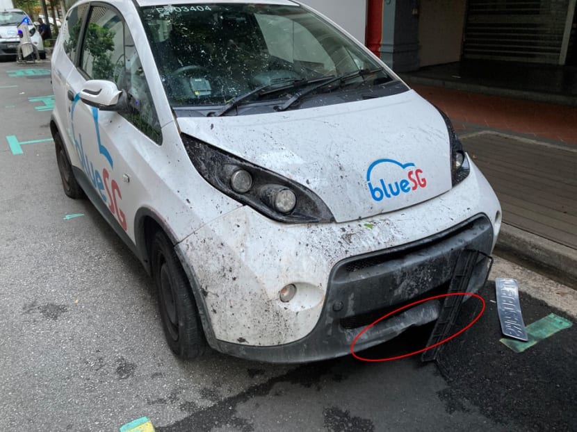 A photo of a BlueSG car that Mr Peng Yuan rented, which was damaged after he let someone else drive it.