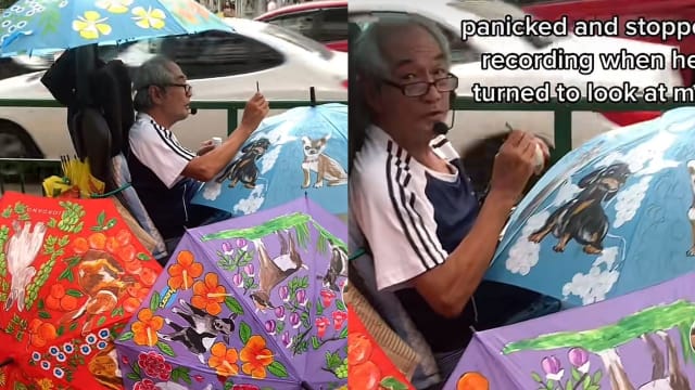 老翁在中峇鲁街头边唱歌边绘伞 网民赞不绝口