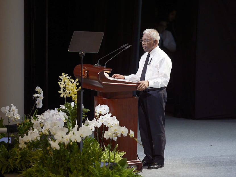 Former Cabinet Minister S. Dhanabalan  giving an eulogy during the state funeral for the late Mr Lee Kuan Yew at the University Cultural Centre on March 29, 2015. Photo: The Straits Times