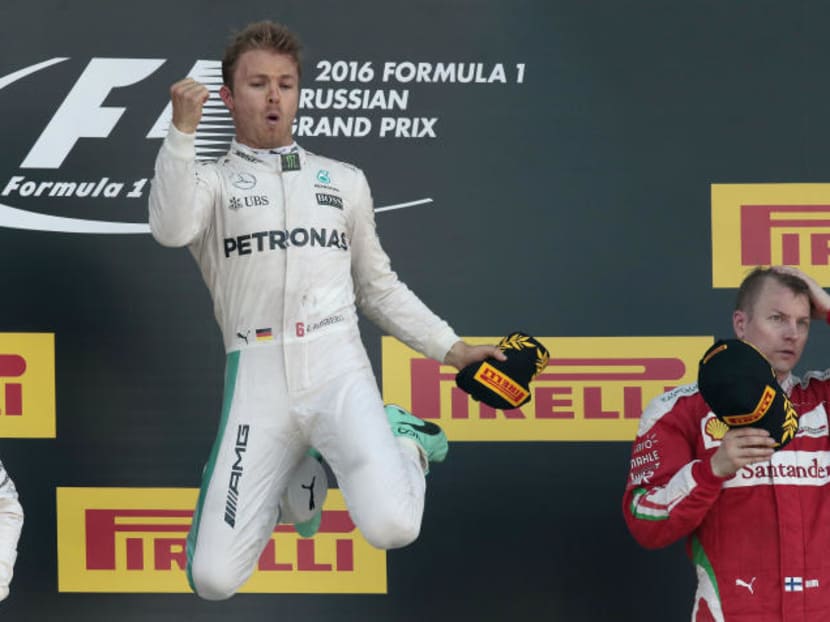 German Mercedes F1 driver Nico Rosberg celebrates after winning the Formula One Russian Grand Prix at the Sochi Autodrom racetrack in Sochi, Russia, on Sunday, May 1, 2016. Photo: AP