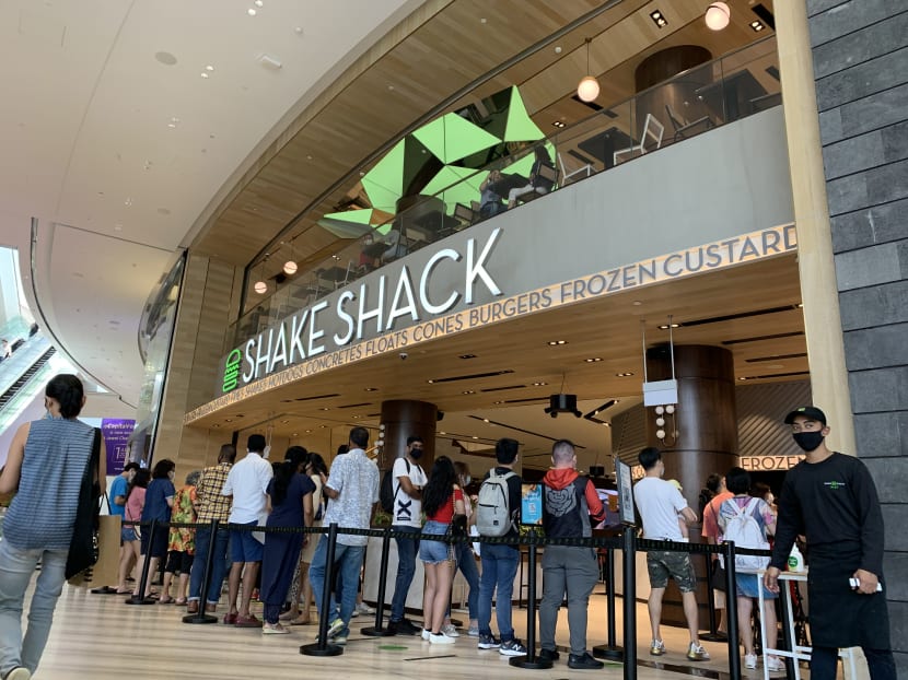 Diners queuing up to enter Shake Shack at Jewel Changi Airport on July 30, 2020.