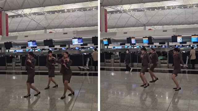 韩亚航空空姐香港机场内热舞吸睛 网民：可组团出道！