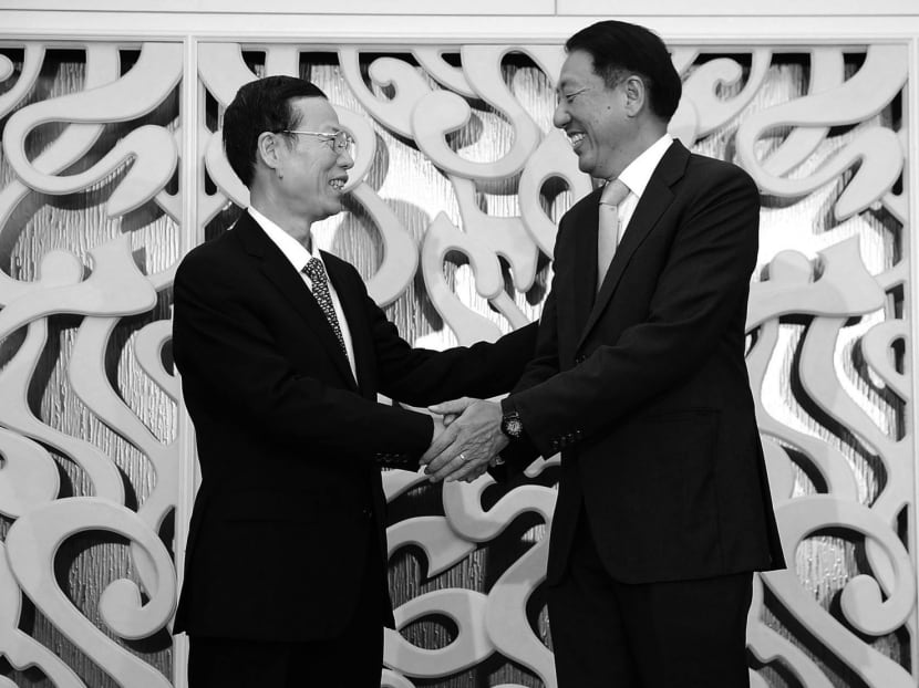DPM Teo (right) with Chinese Vice-Premier Zhang at Shangri-La Hotel Singapore last month. TODAY file photo
