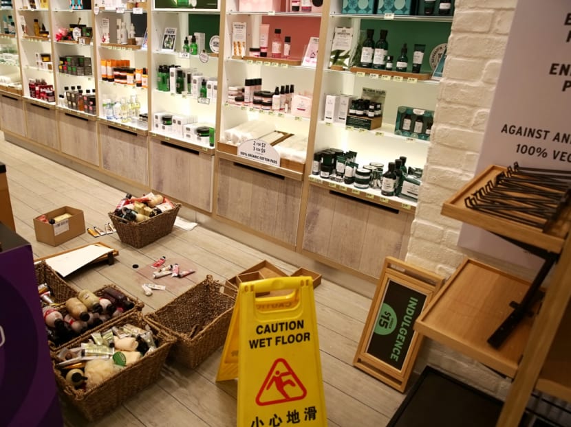 The aftermath of the damage caused by Lee Ming Zheng, who was subsequently detained by the police for wielding a weapon, at The Body Shop store at Bedok Mall on Dec 27, 2017.