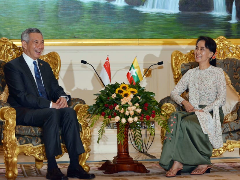 Prime Minister Lee Hsien Loong smiles speaking with Ms Aung San Suu Kyi during a meeting in Naypyitaw, Myanmar, on June 7, 2016. Photo: Pool via AP