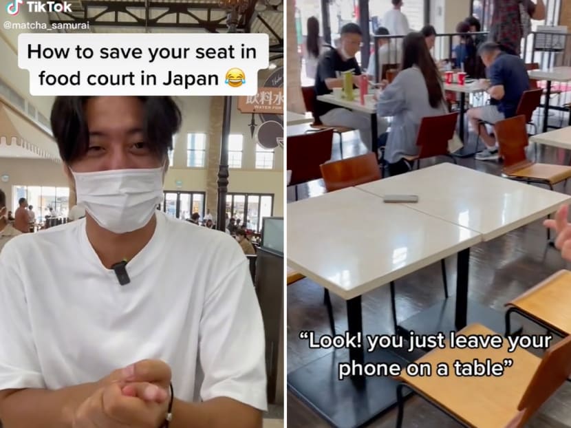 Japanese TikToker Matcha Samurai (left) demonstrated the "chope-ing" culture in Japan in a TikTok video, where seats can be reserved with phones (right). 