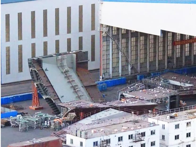 The large ship components at the Dalian shipyard in Liaoning province that prompted speculation that China has begun building the Type 002 aircraft carrier. Photo: South China Morning Post
