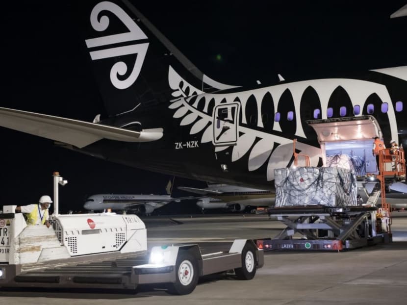 The first shipment of essential supplies being unloaded from an Air New Zealand plane at Changi Airport on April 22, 2020. The first shipment of essential supplies being unloaded from an Air New Zealand plane at Changi Airport on April 22, 2020.