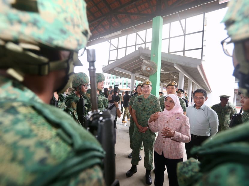 Singapore President Halimah Yacob speaking to recruits at the SAF Basic Millitary Traning Centre at Pulau Tekong on January 23, 2017. Photo: Koh Mui Fong/TODAY